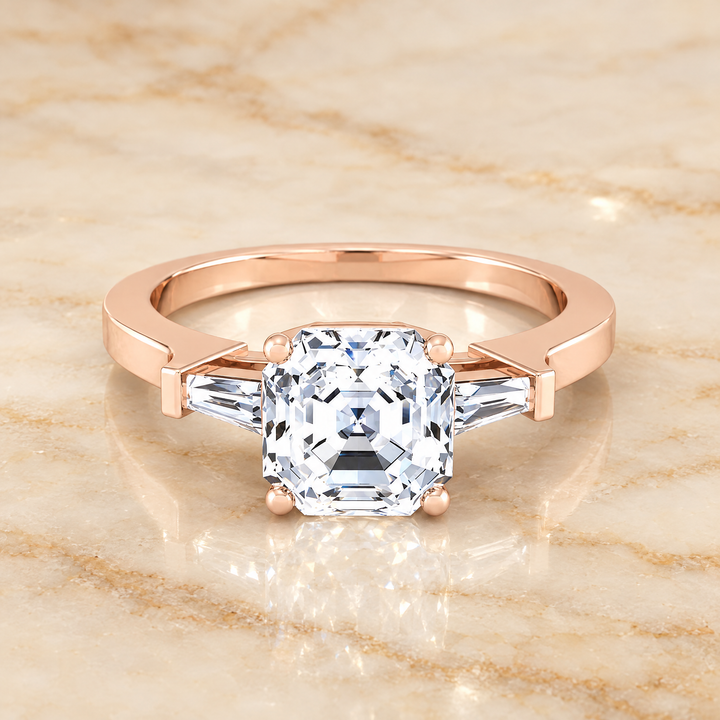 The June Three Stone Asscher Cut Engagement Ring Setting in 14K Rose Gold