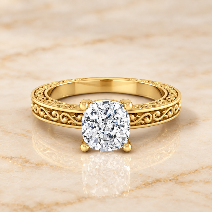 The Veronica Hand Engraved Scroll Vintage Solitaire Cushion Cut Engagement Ring Setting in 18K Yellow Gold