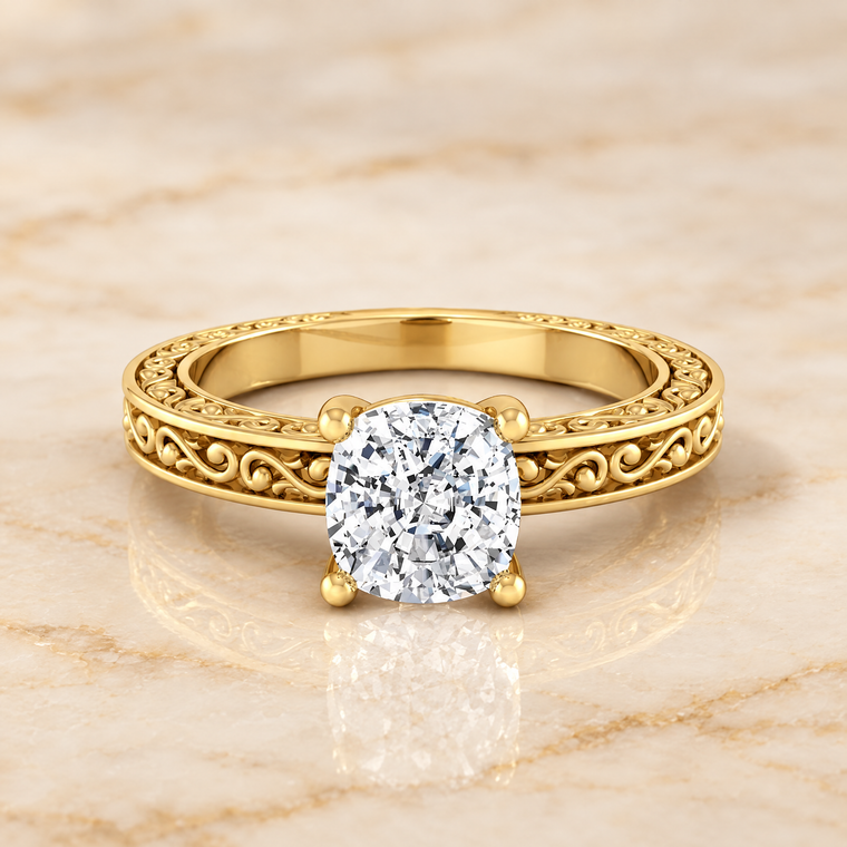 The Veronica Hand Engraved Scroll Vintage Solitaire Cushion Cut Engagement Ring Setting in 18K Yellow Gold
