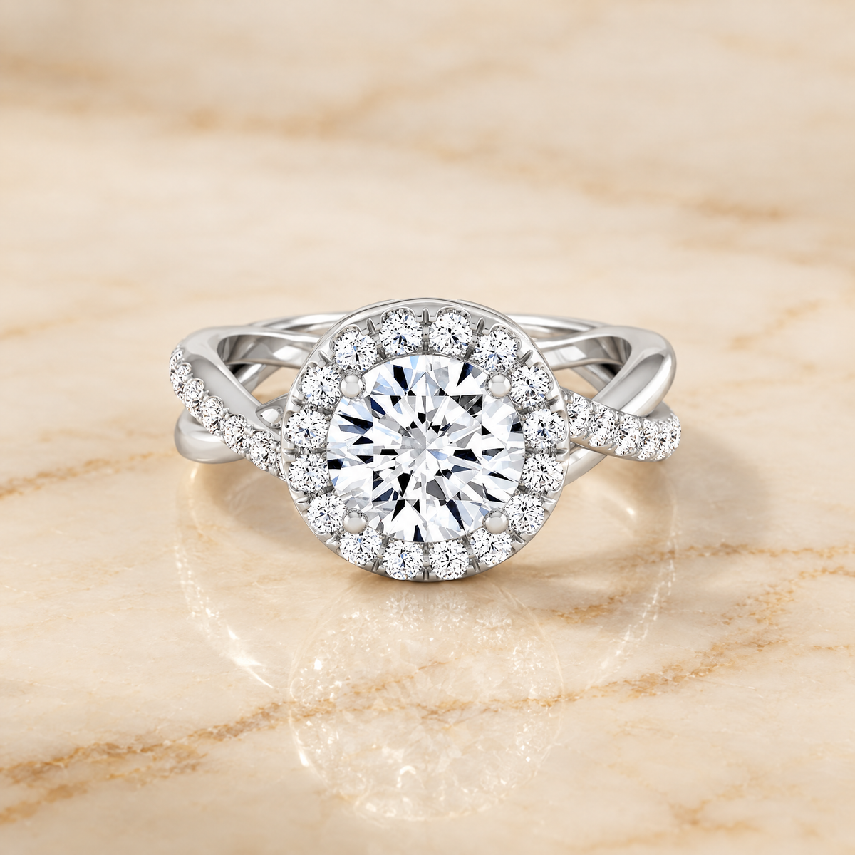 The Harmony Twisted Vine Halo Round Engagement Ring Setting in 18K White Gold