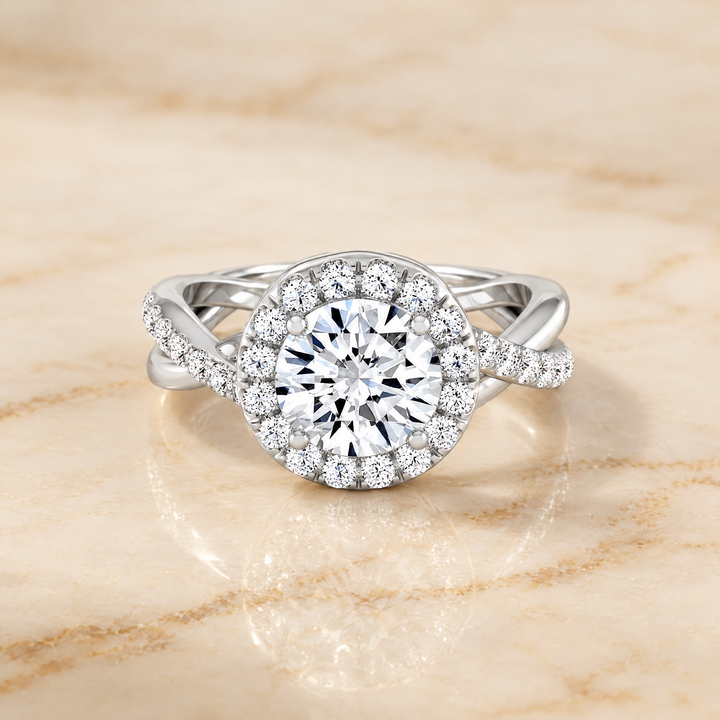 The Harmony Twisted Vine Halo Round Engagement Ring Setting in Platinum