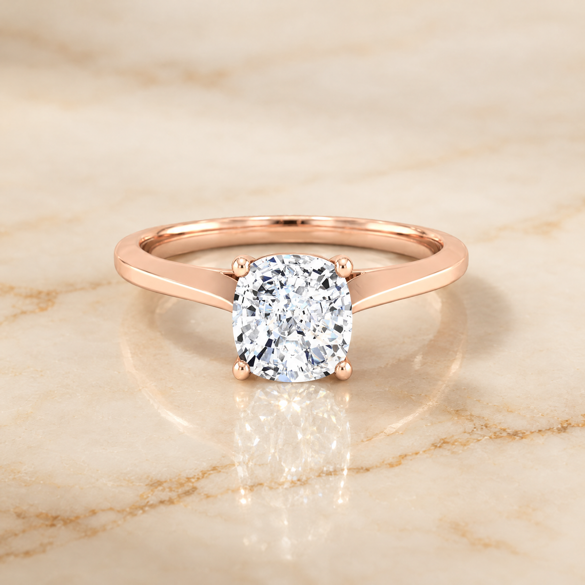The Elena Timeless Graduated Beveled Shank Solitaire Cushion Cut Engagement Ring Setting in 14K Rose Gold