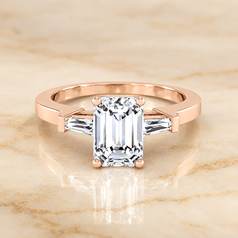 The June Three Stone Emerald Cut Engagement Ring Setting in 14K Rose Gold