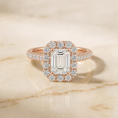 The Fiona Shared Prong Halo Emerald Cut Engagement Ring Setting in 14K Rose Gold