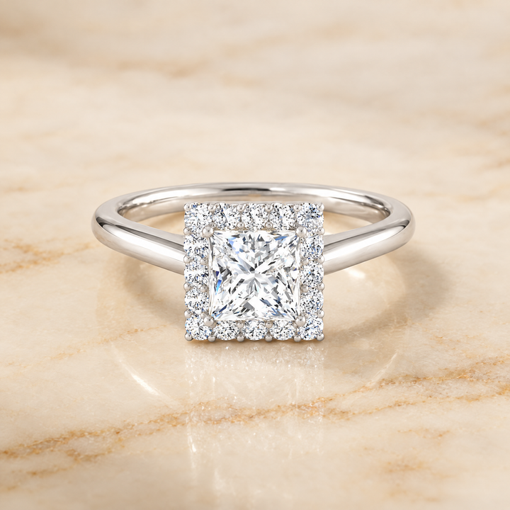 The Etta Classic Shared Prong Halo Princess Cut Engagement Ring Setting in 18K White Gold