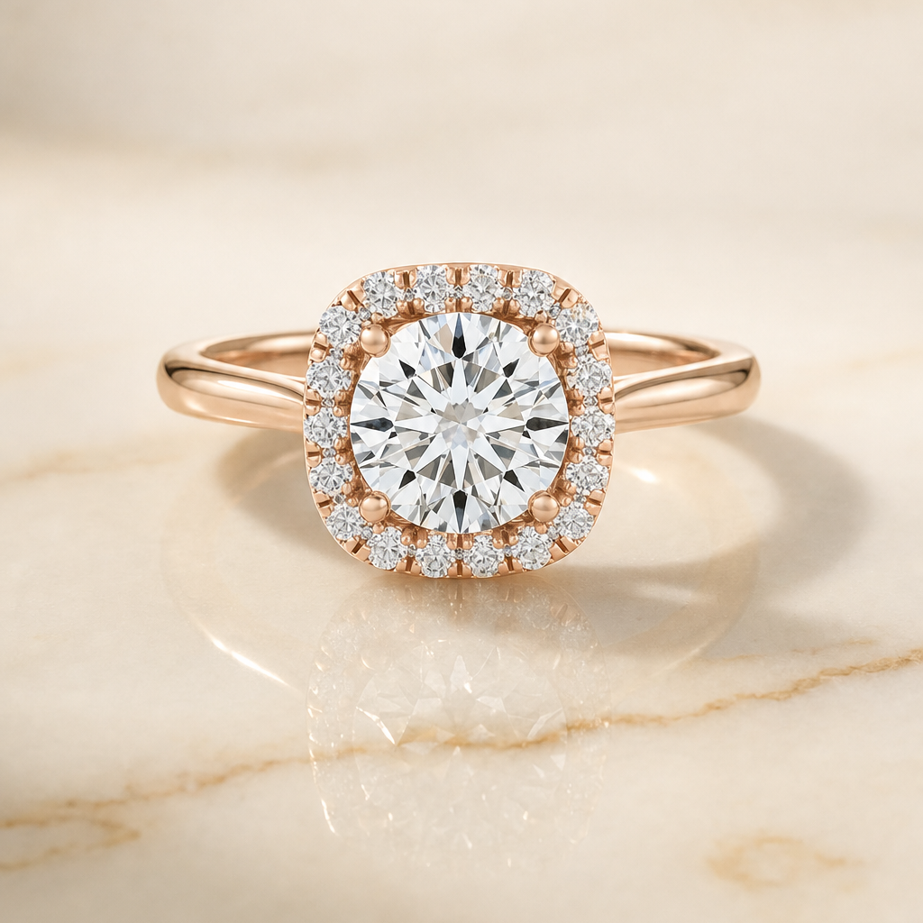 The Carnie Classic Prong Diamond Halo Round Engagement Ring Setting in 14K Rose Gold