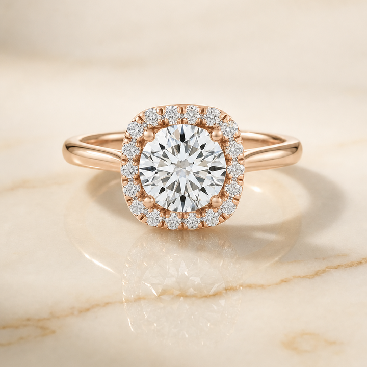 The Carnie Classic Prong Diamond Halo Round Engagement Ring Setting in 14K Rose Gold
