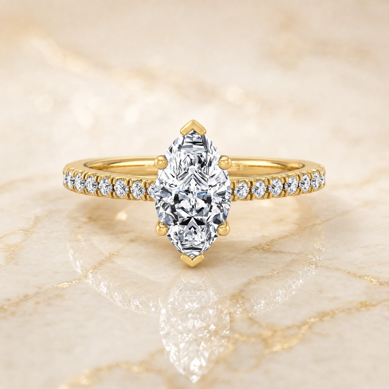 The Donna Cathedral French Pavé Solitaire Marquise Engagement Ring Setting in 18K Yellow Gold