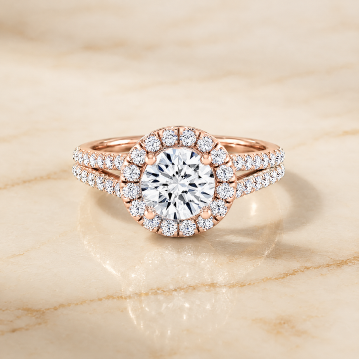 The Lira French Pavé Split Shank Halo Round Engagement Ring Setting in 14K Rose Gold