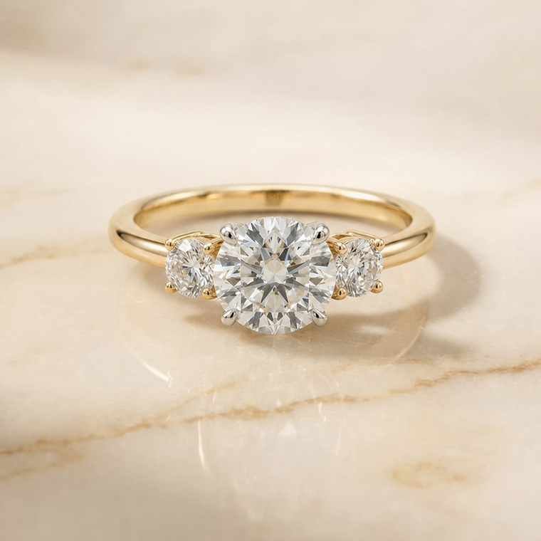 The Anita Select Classic Three Stone Solitaire Round Lab Diamond Engagement Ring in 18K Yellow Gold