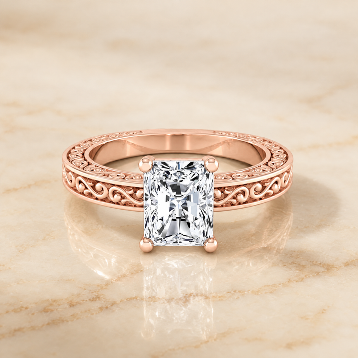 The Veronica Hand Engraved Scroll Vintage Solitaire Radiant Cut Engagement Ring Setting in 14K Rose Gold