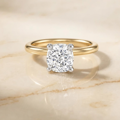 The Annabelle Hidden Pavé Basket Crown Solitaire Cushion Cut Engagement Ring Setting in 18K Yellow Gold