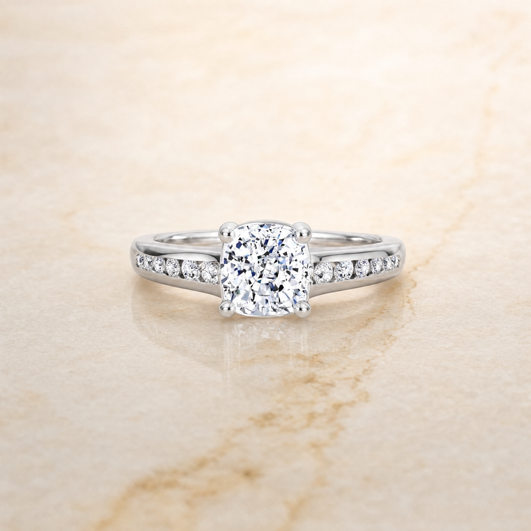 The Stevie Contemporary Channel Cushion Cut Engagement Ring Setting in 18K White Gold