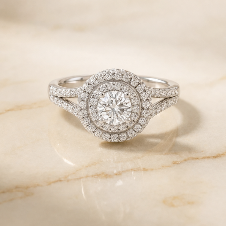 The Nedda Select Double Halo Round Lab Diamond Engagement Ring in Platinum