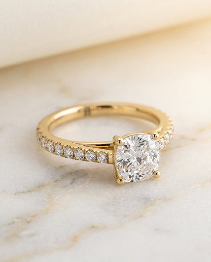 Donna Select Cathedral French Pavé Solitaire Cushion Cut Lab Diamond Engagement Ring in 14K Yellow Gold, alternate angle | RockHer