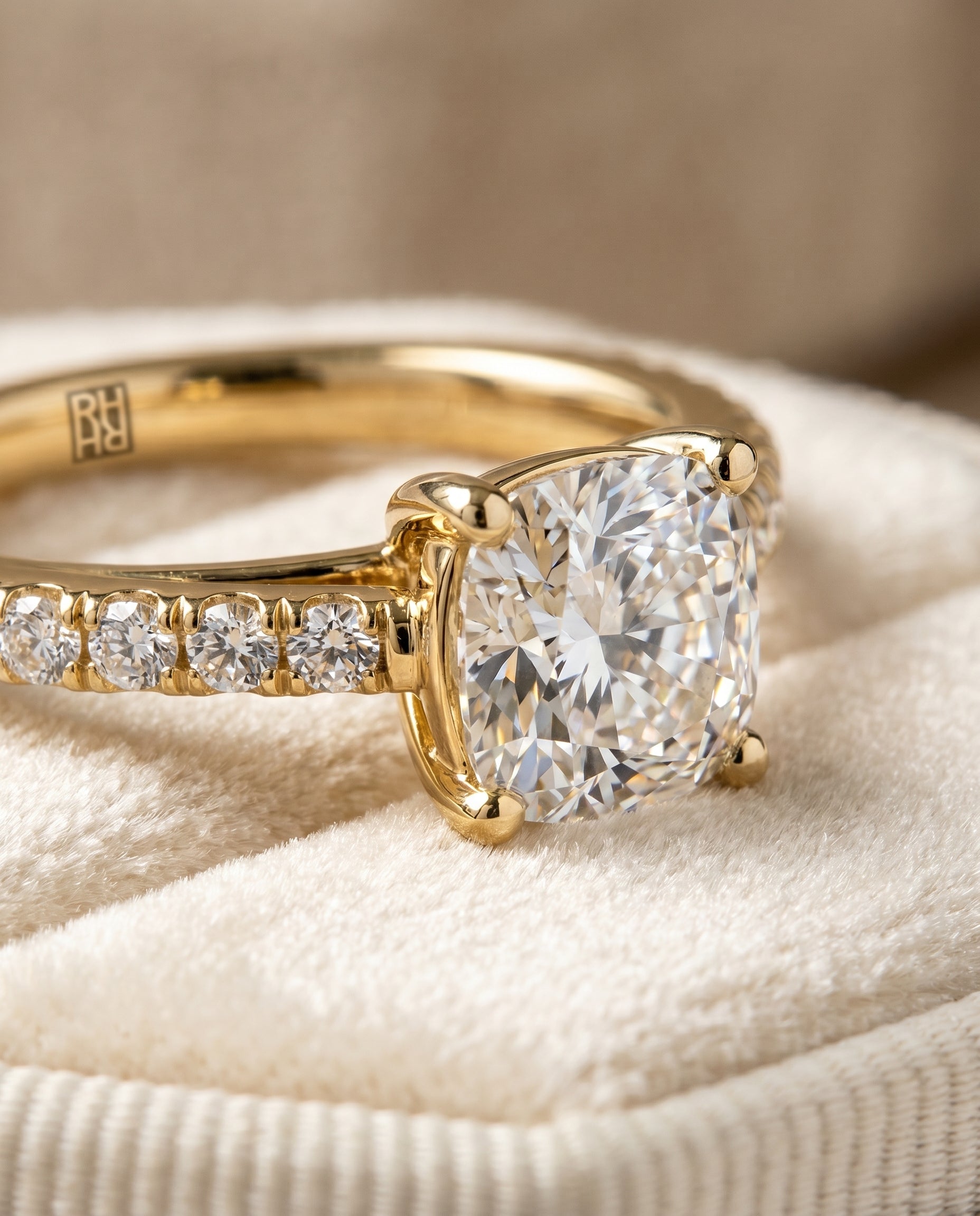 18K Yellow Gold band of The Donna cushion engagement ring setting | RockHer