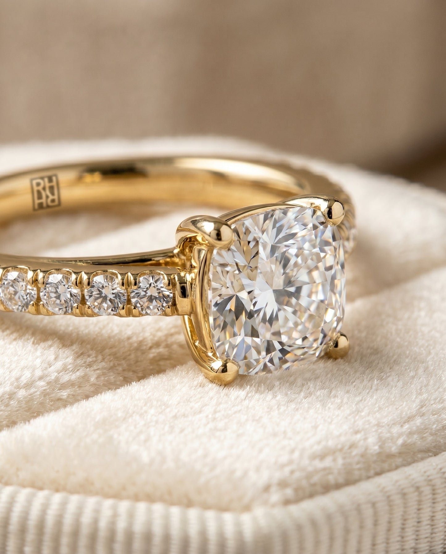 Donna Select Cathedral French Pavé Solitaire Cushion Cut Lab Diamond Engagement Ring in 18K Yellow Gold, detail view | RockHer