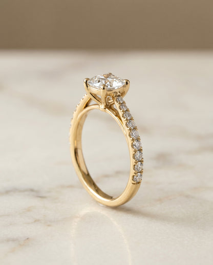 The Donna Cathedral French Pavé Solitaire Cushion Cut Engagement Ring Setting in 18K Yellow Gold