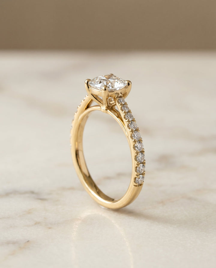 Donna Select Cathedral French Pave Solitaire Cushion in 14K Yellow Gold – view 2