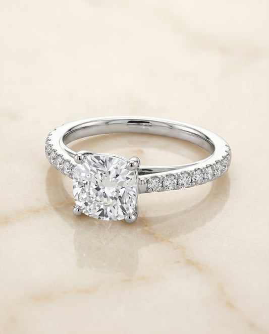 Cathedral French Pavé Solitaire Cushion in Platinum