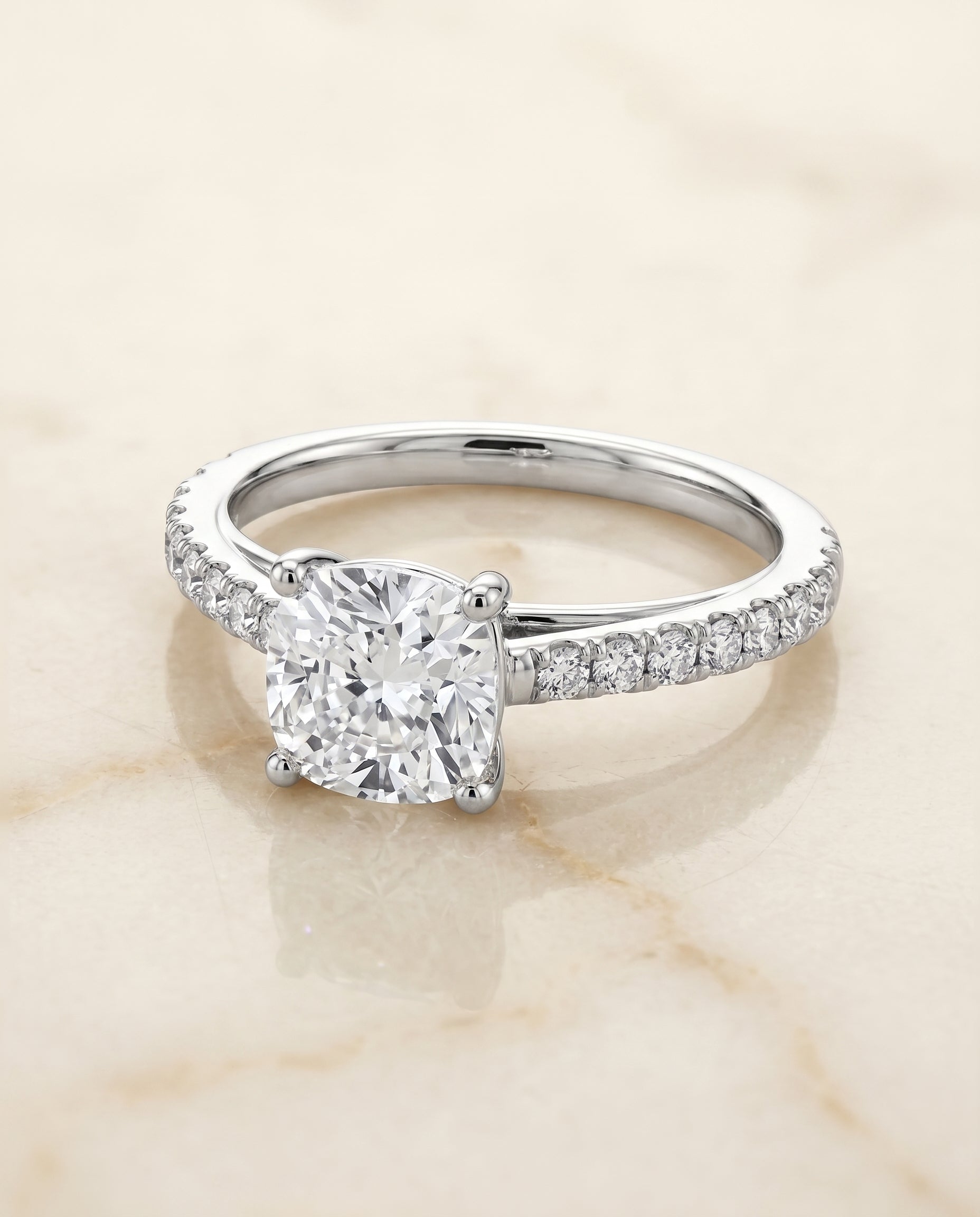 Donna Select Cathedral French Pavé Solitaire Cushion Cut Lab Diamond Engagement Ring in 18K White Gold, alternate angle | RockHer