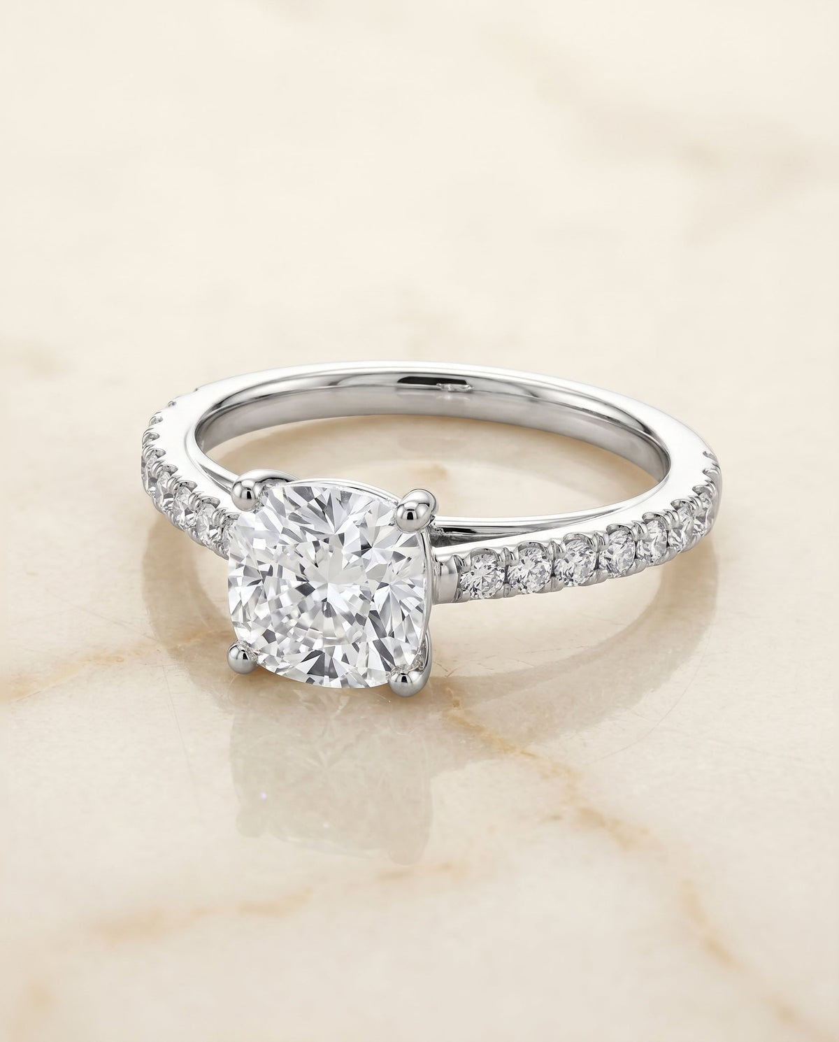 Donna Select Cathedral French Pavé Solitaire Cushion Cut Lab Diamond Engagement Ring in Platinum, alternate angle | RockHer
