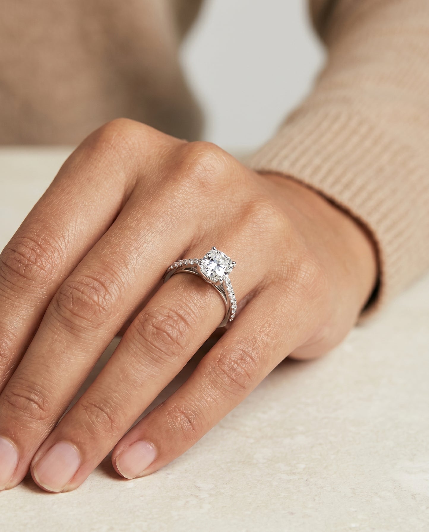 The Donna Cathedral Engagement Ring Setting for Cushion Diamonds in 18K White Gold
