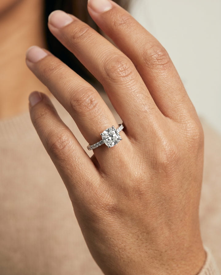 The Donna Cathedral Engagement Ring Setting for Cushion Diamonds in 18K White Gold