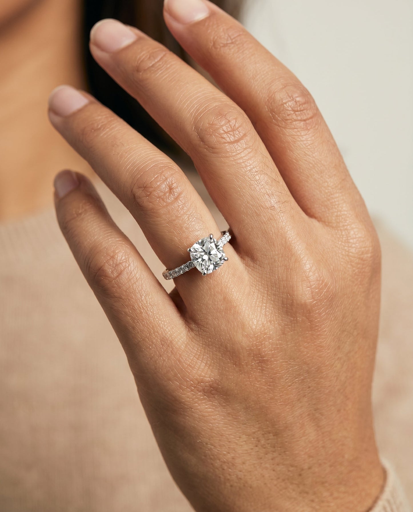 Donna Select Cathedral French Pavé Solitaire Cushion Cut Lab Diamond Engagement Ring in 14K White Gold, shown on hand | RockHer