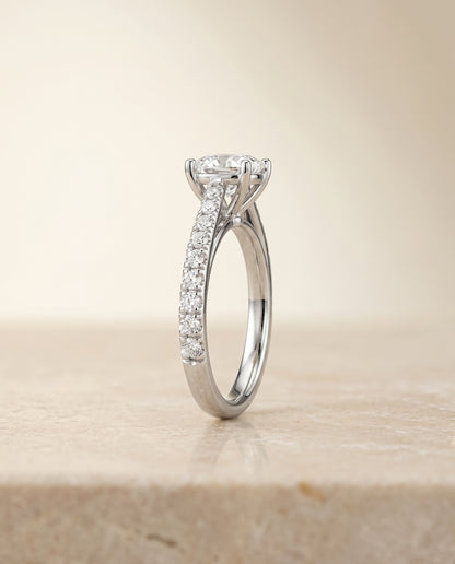 The Donna Cathedral French Pavé Solitaire Cushion Cut Engagement Ring Setting in 18K White Gold