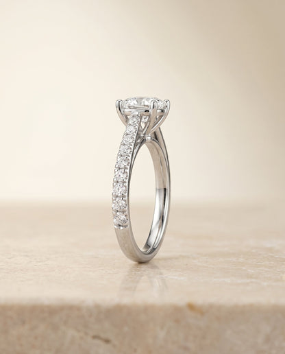 Donna Select Cathedral French Pavé Solitaire Cushion Cut Lab Diamond Engagement Ring in 14K White Gold, side view | RockHer