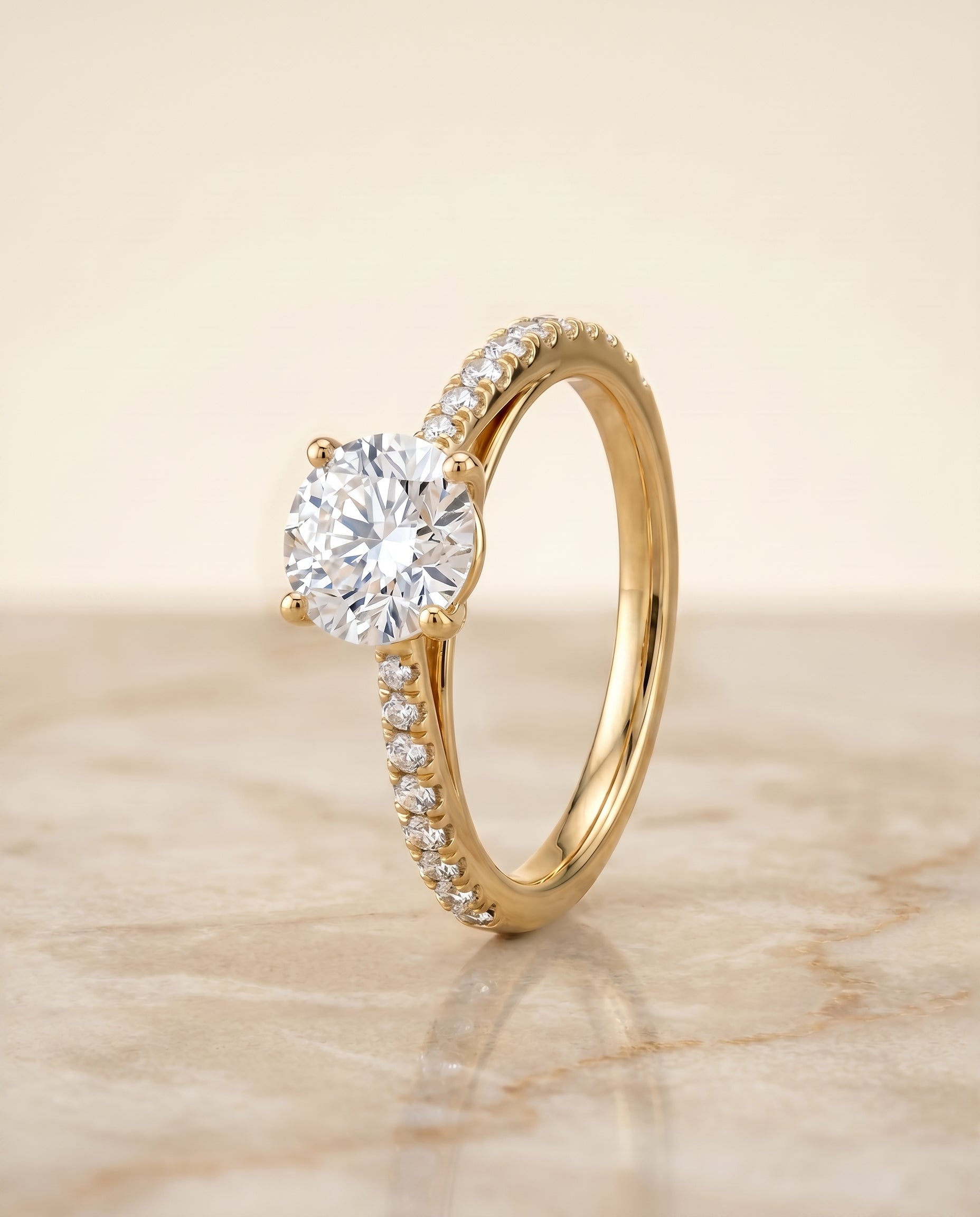 Donna Select Cathedral French Pavé Solitaire Round Lab Diamond Engagement Ring in 18K Yellow Gold, front view | RockHer