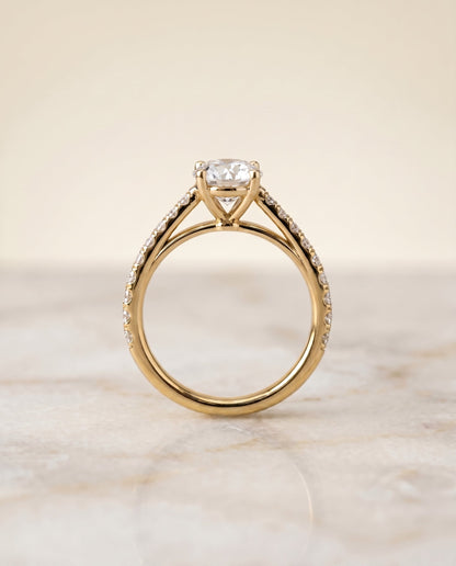 Donna Select Cathedral French Pavé Solitaire Round Lab Diamond Engagement Ring in 18K Yellow Gold, side view | RockHer