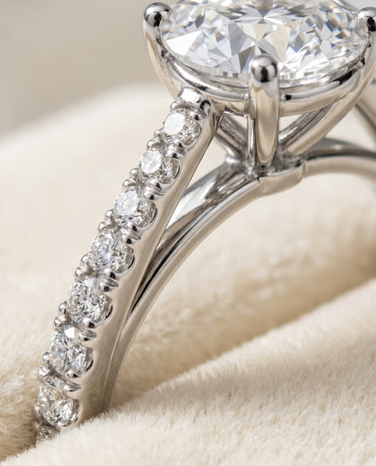 The Donna Cathedral French Pavé Solitaire Round Engagement Ring Setting in 18K White Gold