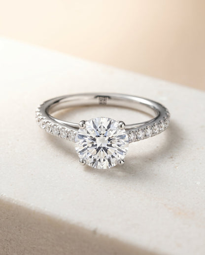 Donna Select Cathedral French Pavé Solitaire Round Lab Diamond Engagement Ring in 18K White Gold, shown on hand, angled | RockHer