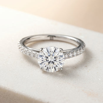The Donna Cathedral French Pavé Solitaire Round Engagement Ring Setting in 18K White Gold