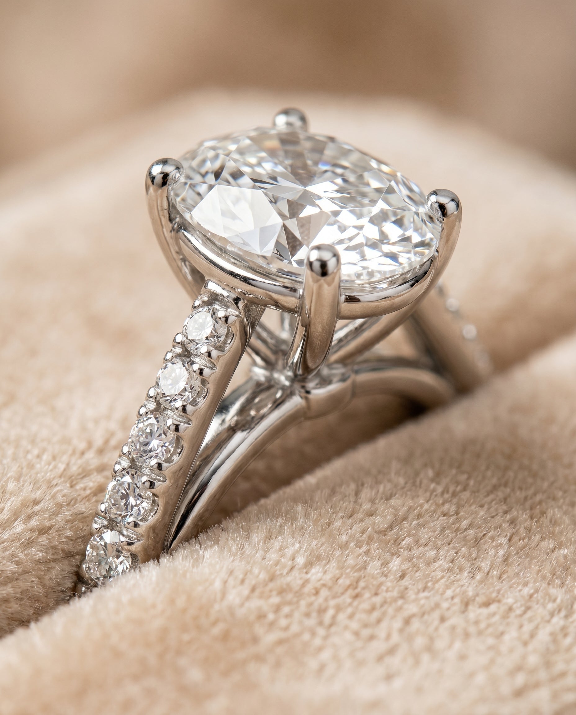 Donna Select Cathedral French Pavé Solitaire Oval Lab Diamond Engagement Ring in Platinum, detail view | RockHer