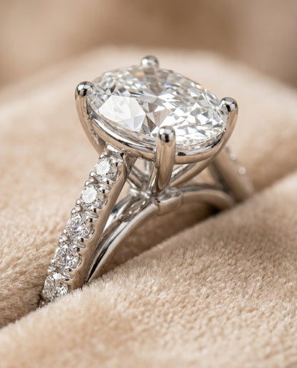 Donna Select Cathedral French Pavé Solitaire Oval Lab Diamond Engagement Ring in Platinum, detail view | RockHer