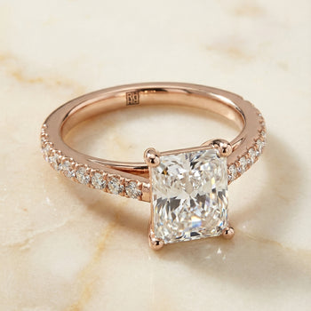 The Donna Cathedral French Pavé Solitaire Radiant Cut Engagement Ring Setting in 14K Rose Gold