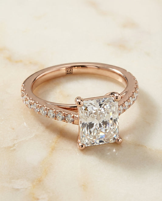 Cathedral French Pavé Solitaire Radiant, in 14K Rose Gold, pave setting – angled view | RockHer