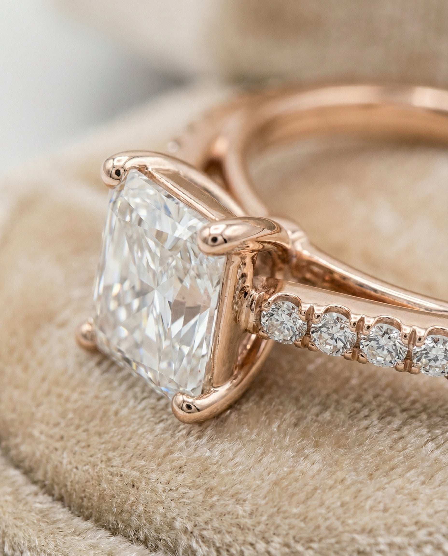 14K Rose Gold band of The Donna radiant engagement ring setting | RockHer