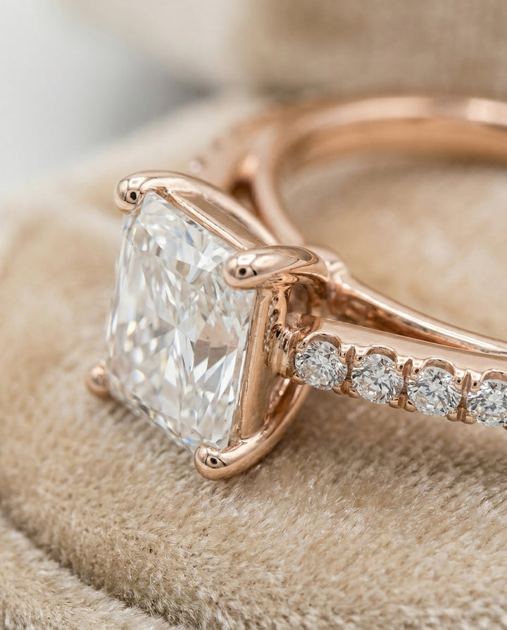 Donna Select Cathedral French Pavé Solitaire Radiant Cut Lab Diamond Engagement Ring in 14K Rose Gold, detail view | RockHer