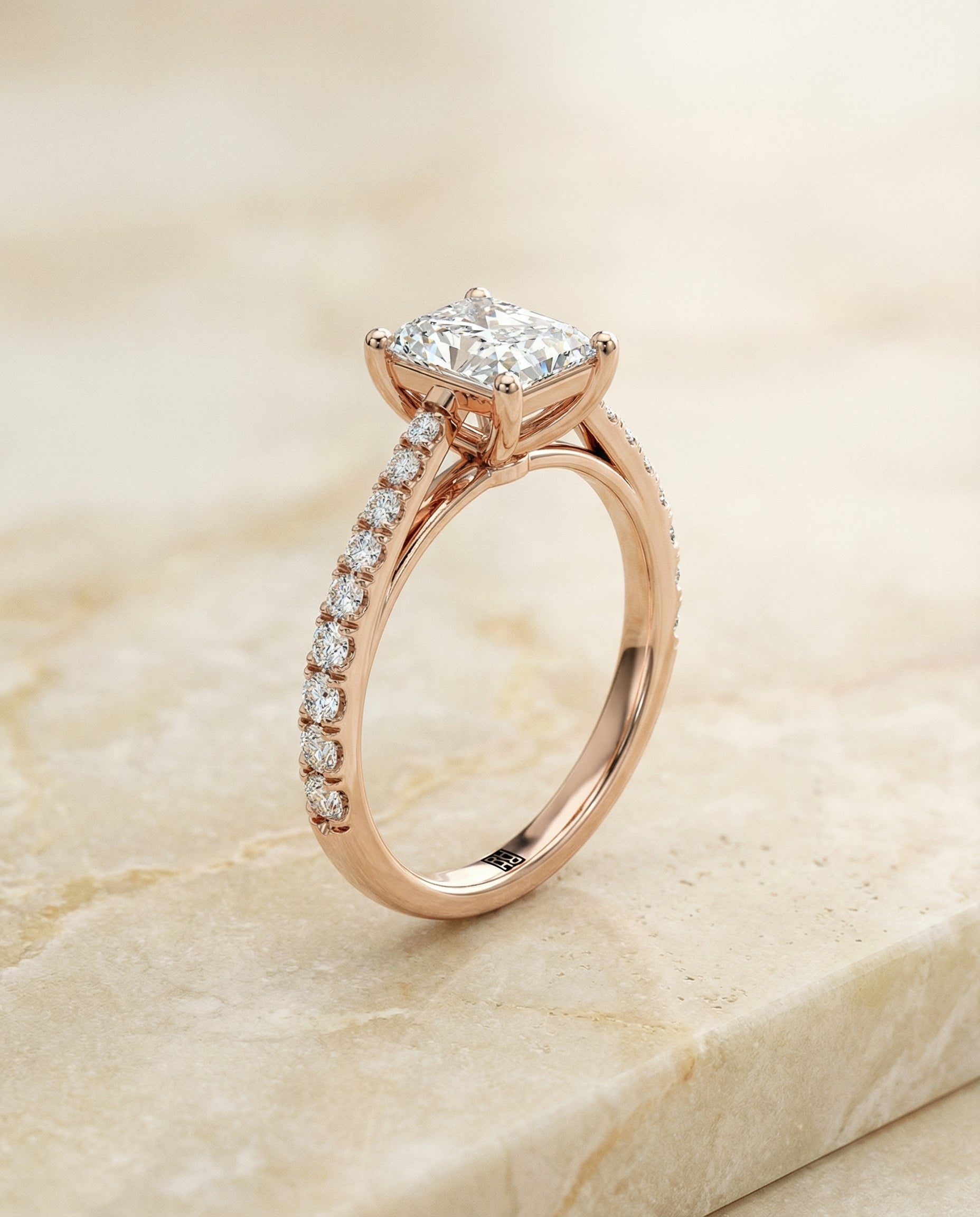 Donna Select Cathedral French Pavé Solitaire Radiant Cut Lab Diamond Engagement Ring in 14K Rose Gold, front view | RockHer