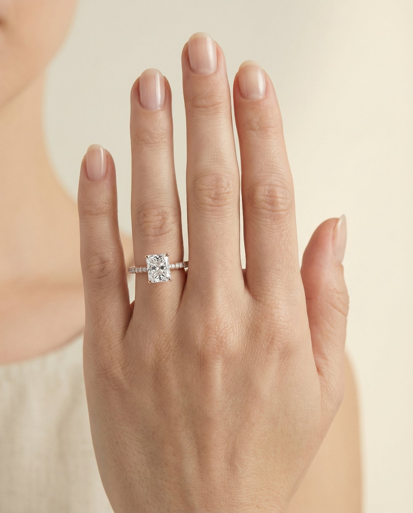 Cathedral French Pavé Solitaire Radiant, in 14K Rose Gold, pave setting – lifestyle shot | RockHer