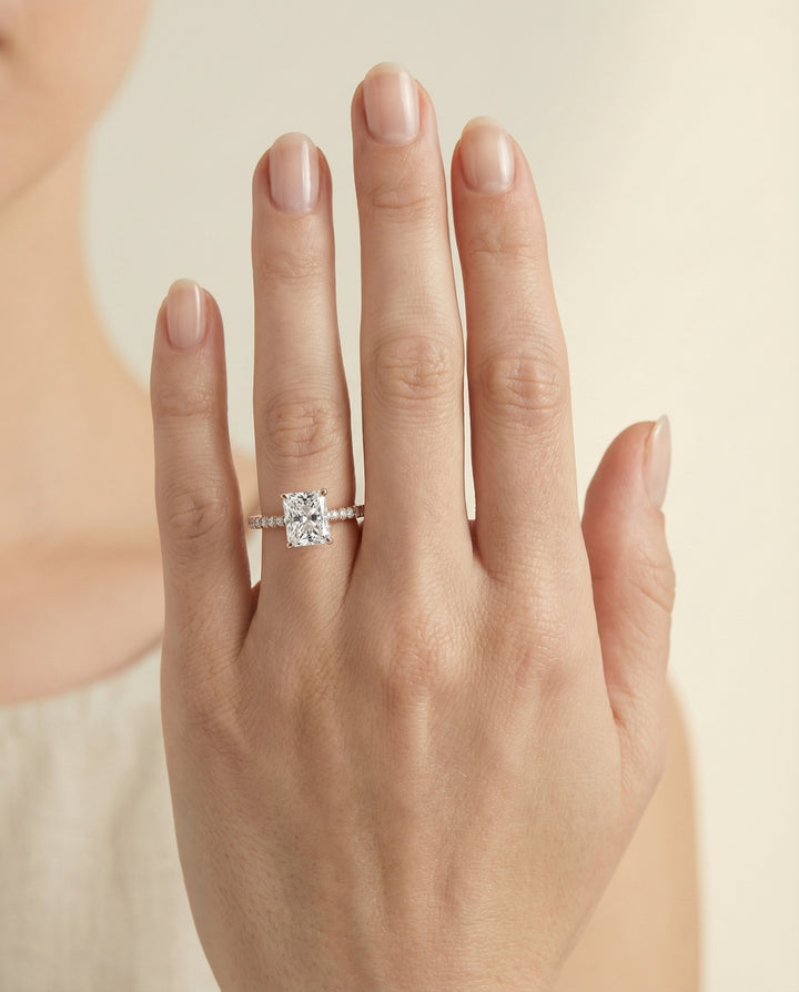 Cathedral French Pavé Solitaire Radiant, in 14K Rose Gold, pave setting – lifestyle shot | RockHer