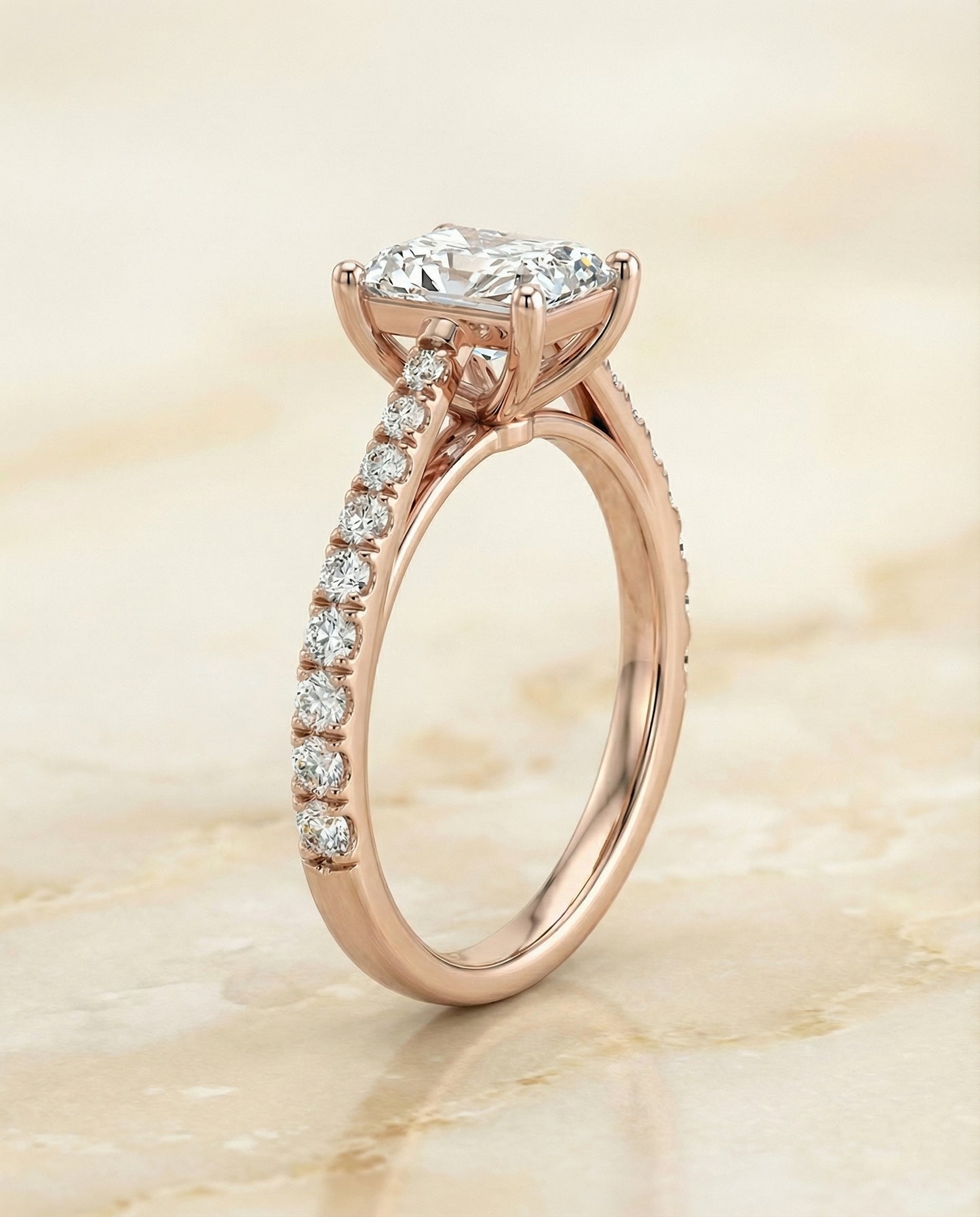 Cathedral French Pavé Solitaire Radiant, in 14K Rose Gold, pave setting – side profile | RockHer