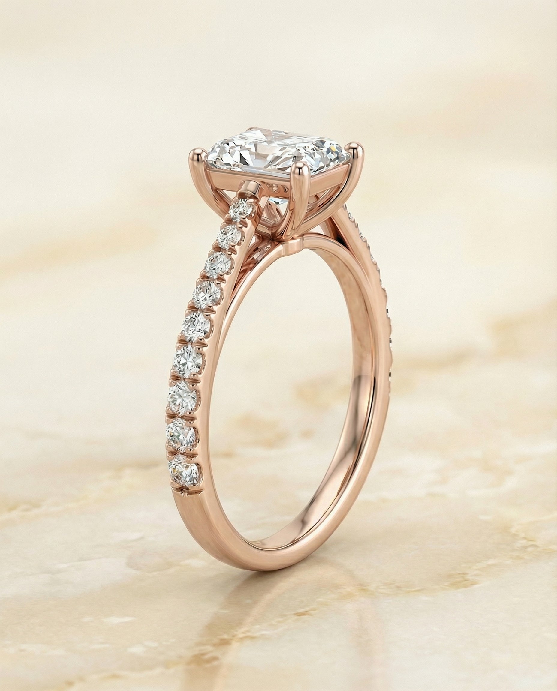 Cathedral French Pavé Solitaire Cut styling on The Donna radiant engagement ring setting | RockHer