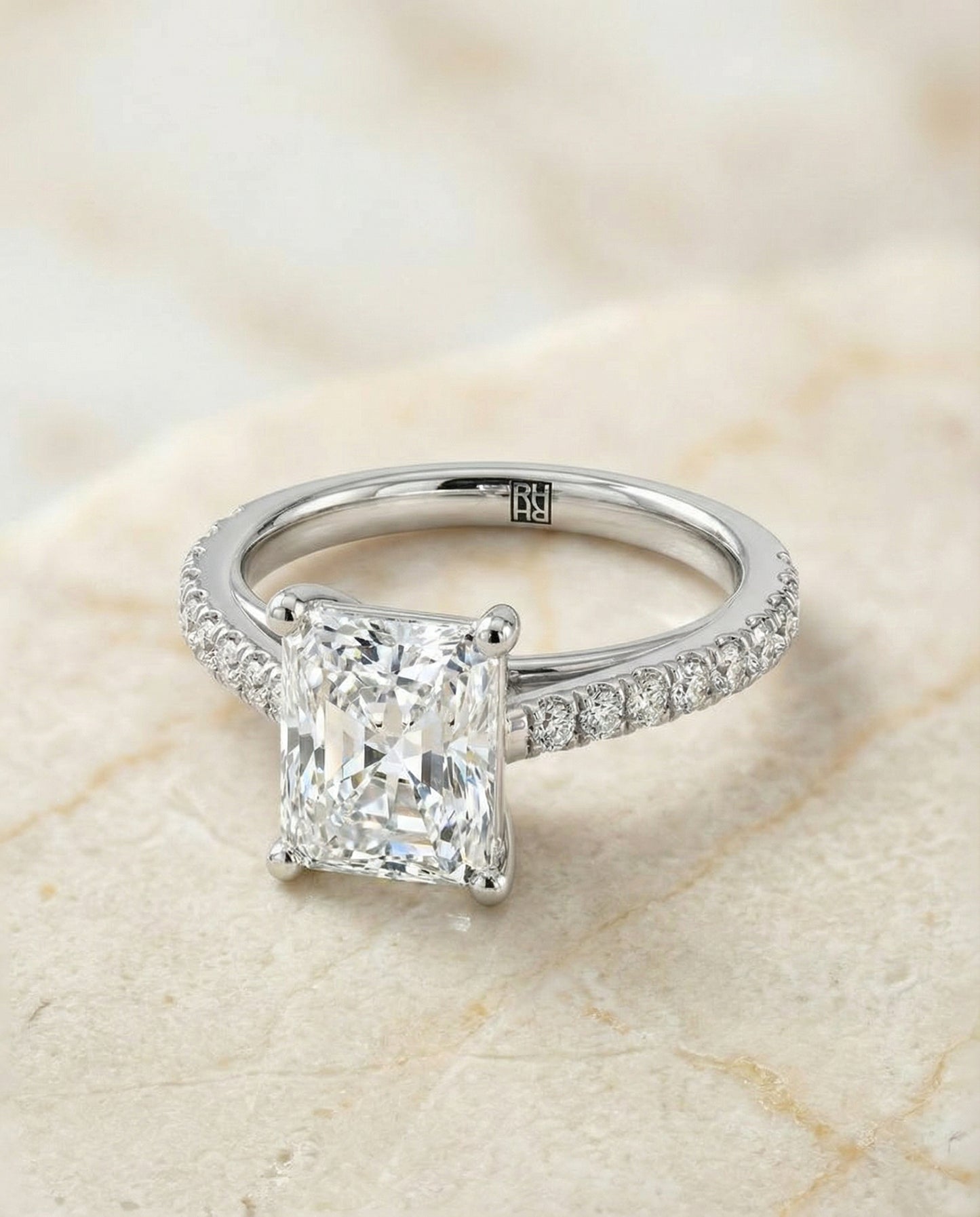 Cathedral French Pavé Solitaire Radiant, in Platinum, pave setting – angled view | RockHer