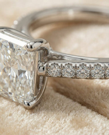 Donna Select Cathedral French Pavé Solitaire Ra Radiant Cut Lab Diamond Engagement Ring in Platinum, detail view | RockHer