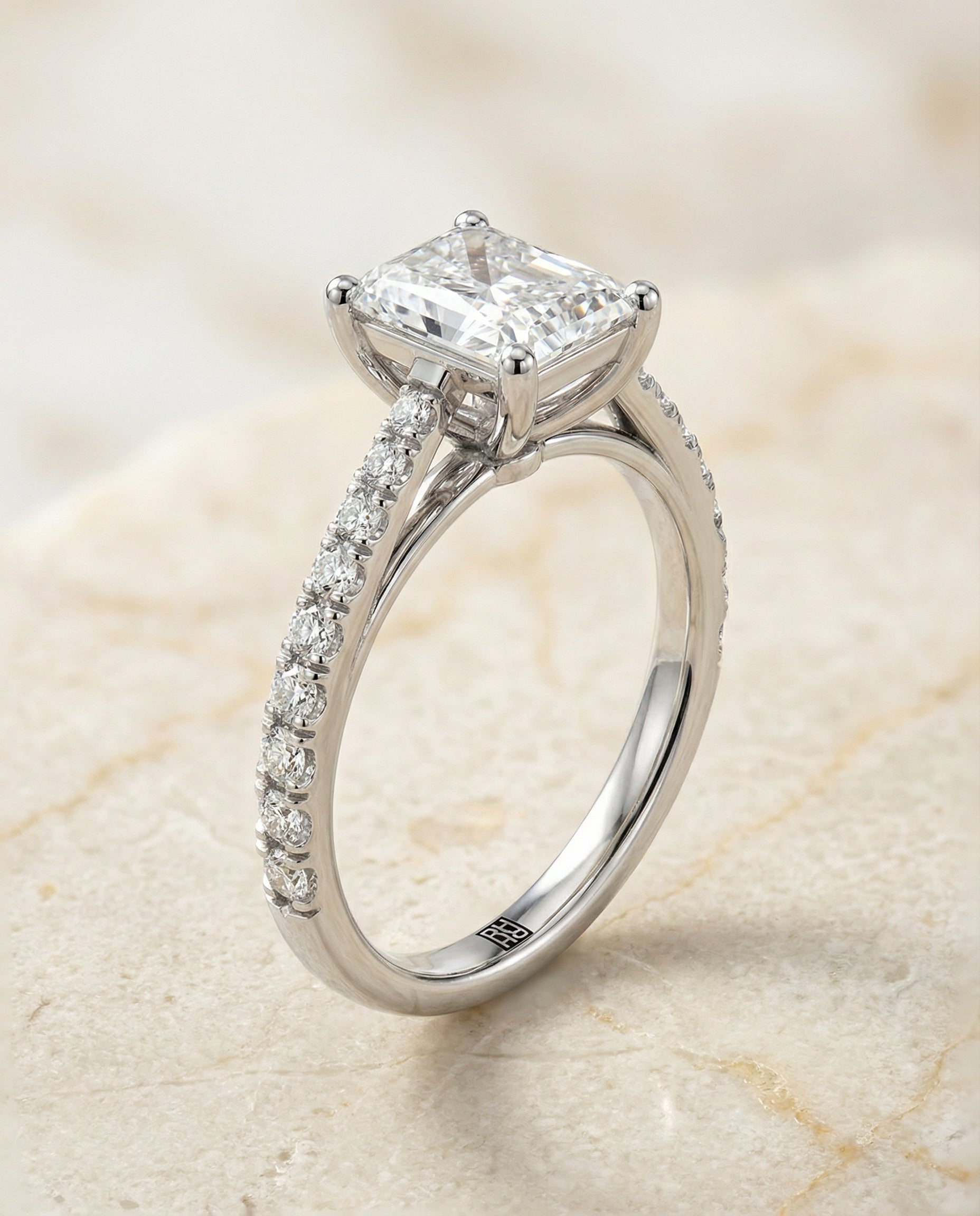 Cathedral French Pavé Solitaire Cut styling on The Donna radiant engagement ring setting | RockHer